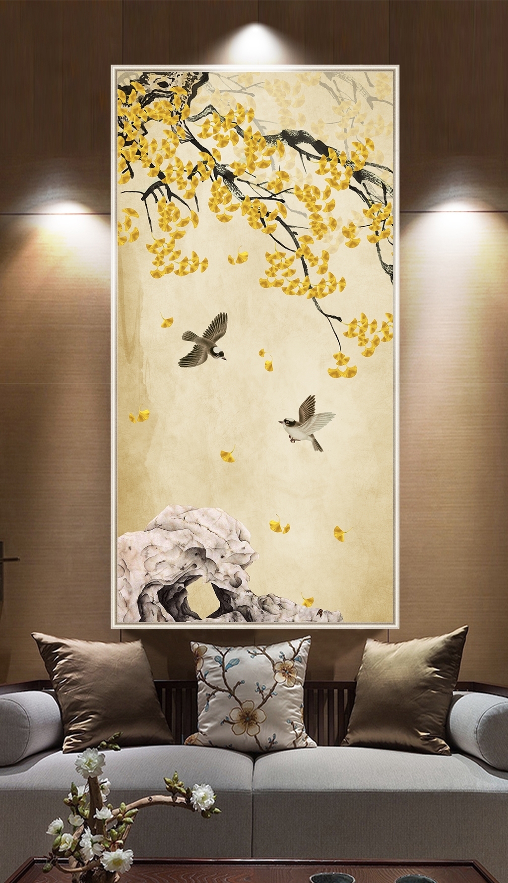 原创手绘银杏工笔花鸟竖式背景墙玄关装饰画壁画-版权可商用