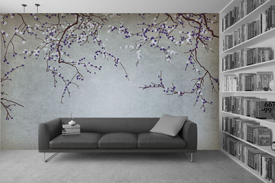 手绘梅花背景墙壁画手绘花鸟
